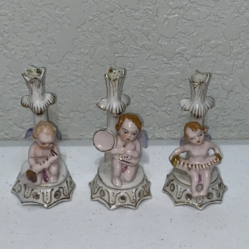 VTG Occupied Japan Porcelain Musician Band Figurines Cherub Angel Bud Vase Set 3